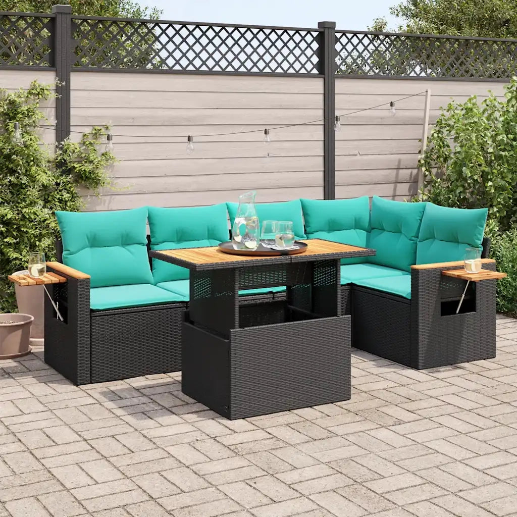 Set Divano da Giardino 6 pz con Cuscini Nero Polyrattan Acacia