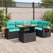 Set Divano da Giardino 6 pz con Cuscini Nero Polyrattan Acacia