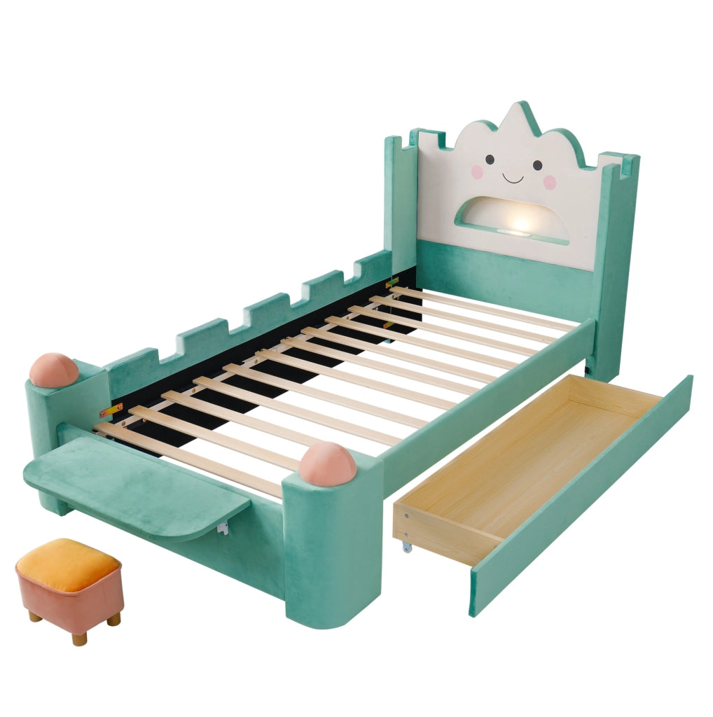 Letto singolo per bambini 90x200 cm imbottito con luce LED; USB e cassetto blu-verde HOMVRA