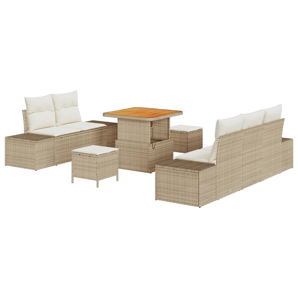 Set Divano da Giardino 8 Pezzi con Cuscini Beige Polyrattan Acacia
