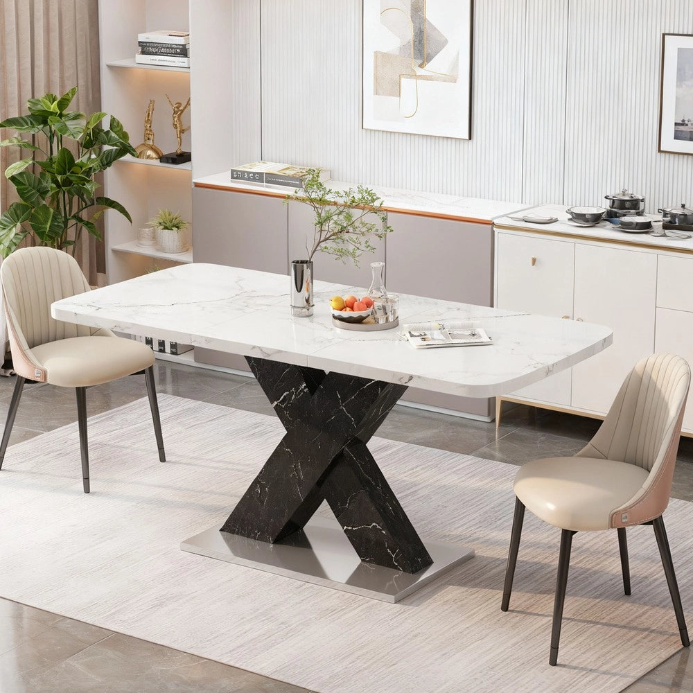 Tavolo da Pranzo Allungabile ¨C MINIMAL ¨C Piano Effetto Marmo Bianco, Gambe Nere in Metallo, 120-160 cm