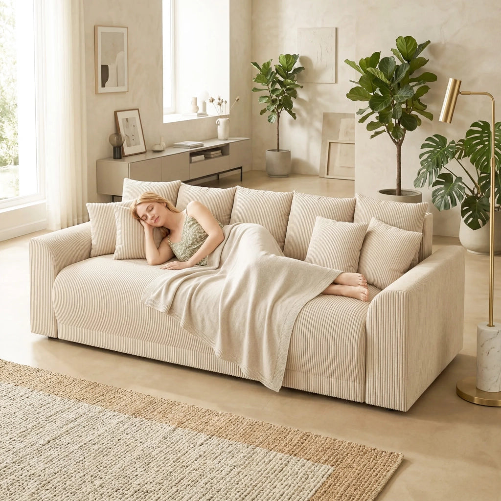 Divano letto 3 posti ¨C zephmum ¨C Tessuto antimacchia beige, Struttura in legno, 230 cm