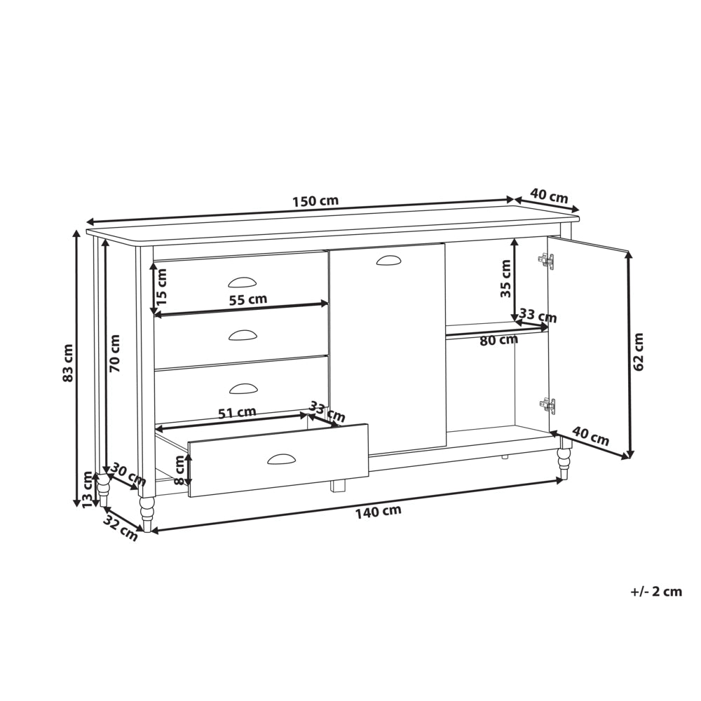 Credenza nera a 2 ante e 4 cassetti, mobile contenitore in stile scandinavo con piano in legno