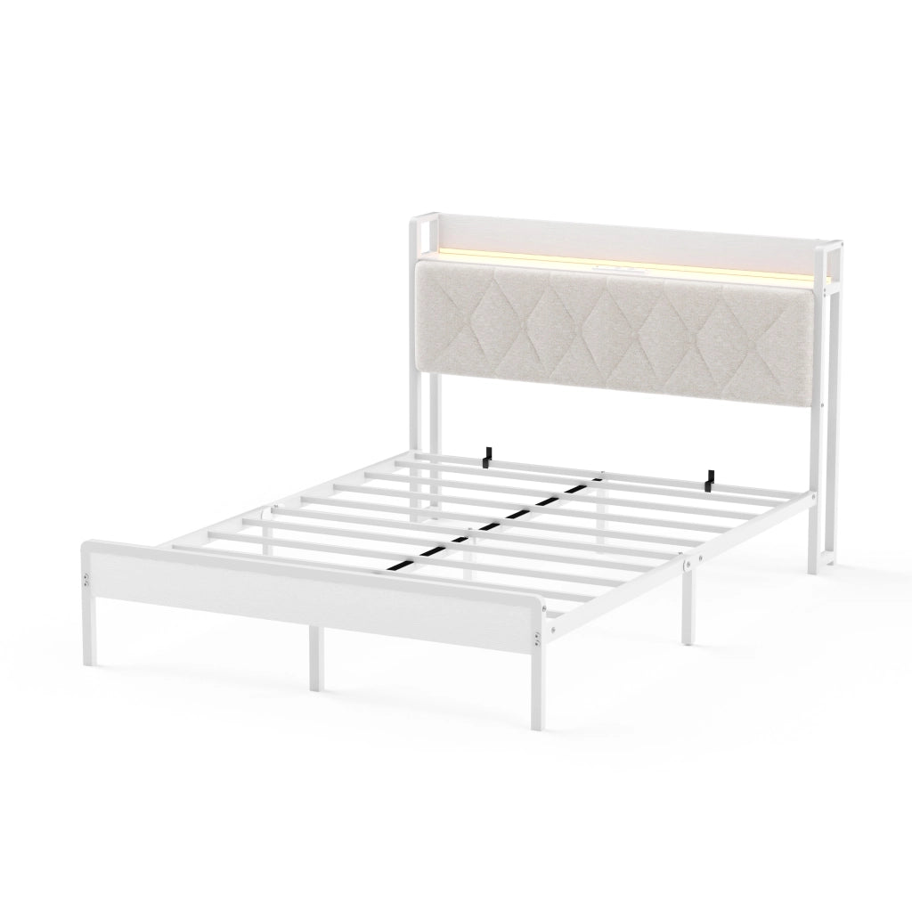 Letto imbottito 140x190 cm bianco con testiera LED, USB, contenitore e struttura in metallo