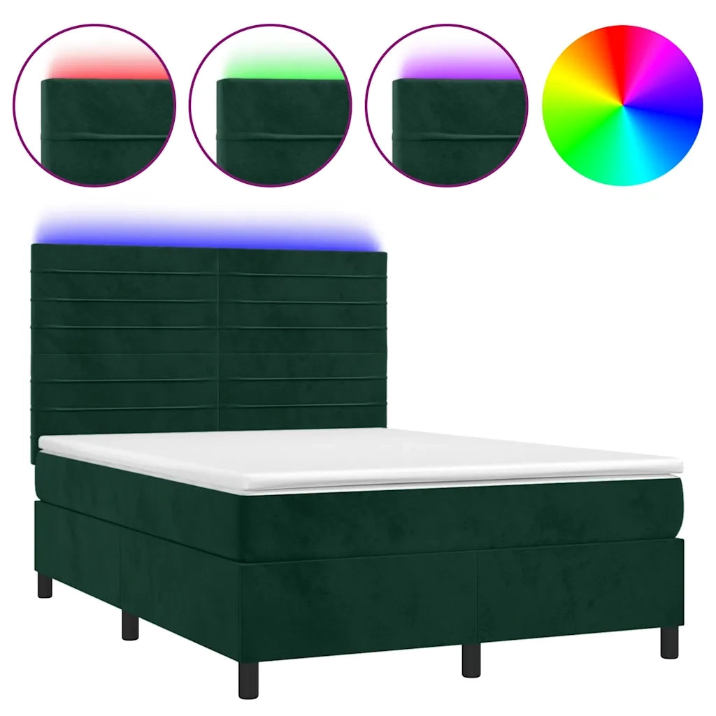 Letto a Molle con Materasso e LED Verde Scuro 140x190cm Velluto 3136182