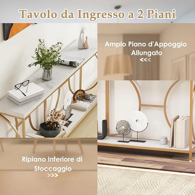 Tavolo Consolle, Tavolo d’Ingresso a 2 Livelli con Superficie in Marmo Finto e Struttura in Metallo Resistente, Tavolo Lungo e Stretto per Corridoio, Ingresso e Salotto