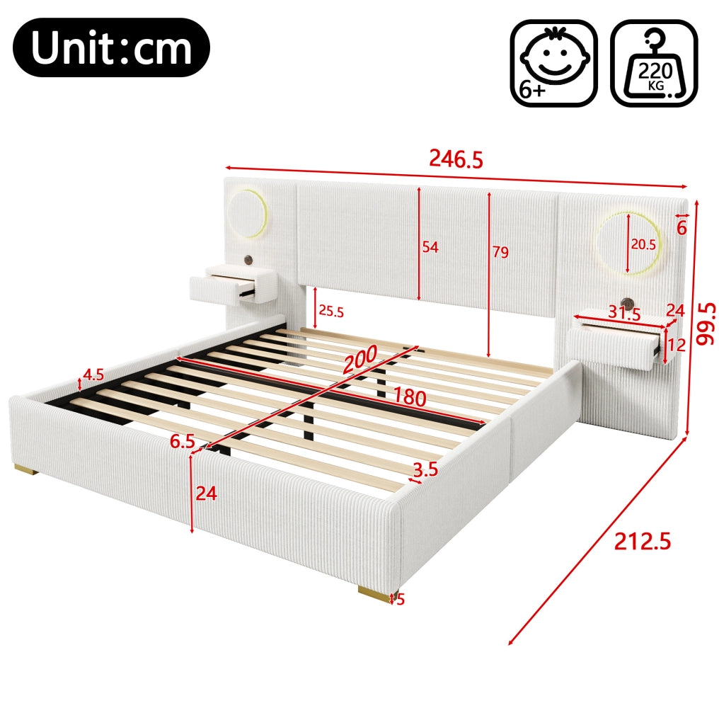Letto imbottito beige 180x200 cm con LED, USB e comodini