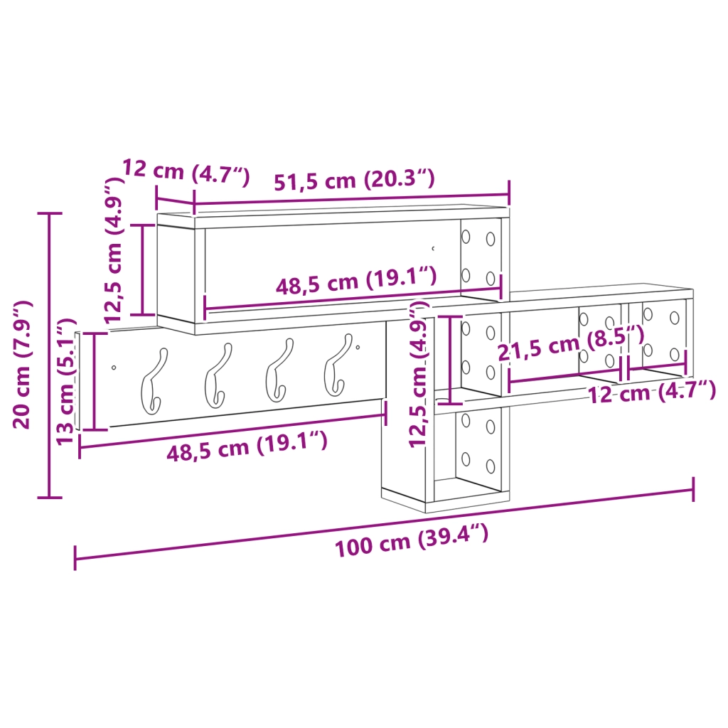 vidaXL Appendiabiti a muro Rovere fumo 100 x 12 x 43.5 cm