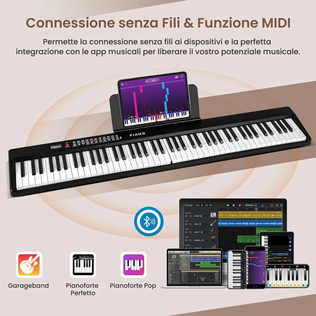 Pianoforte Elettronico Pieghevole a 88 Tasti, Piano Digitale con MIDI, 1000 Ritmi, 1000 Timbri, 150 Canzoni Demo, Registrazione, Batteria e Borsa da Trasporto per Bambini (Nero)