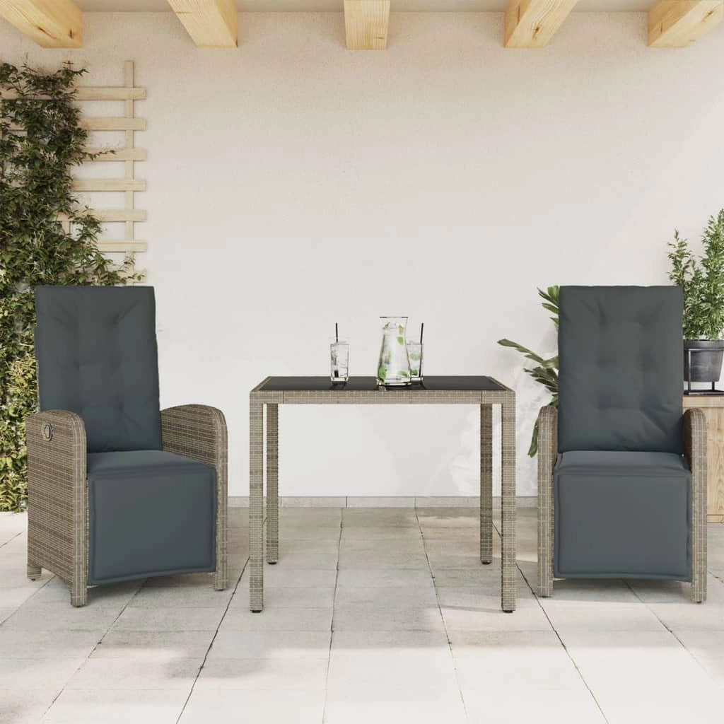 Sedie e tavolino da giardino con cuscini 3 pezzi rattan PE grigio, set giardino, set terrazza, mobili da giardino esterno - 3212462