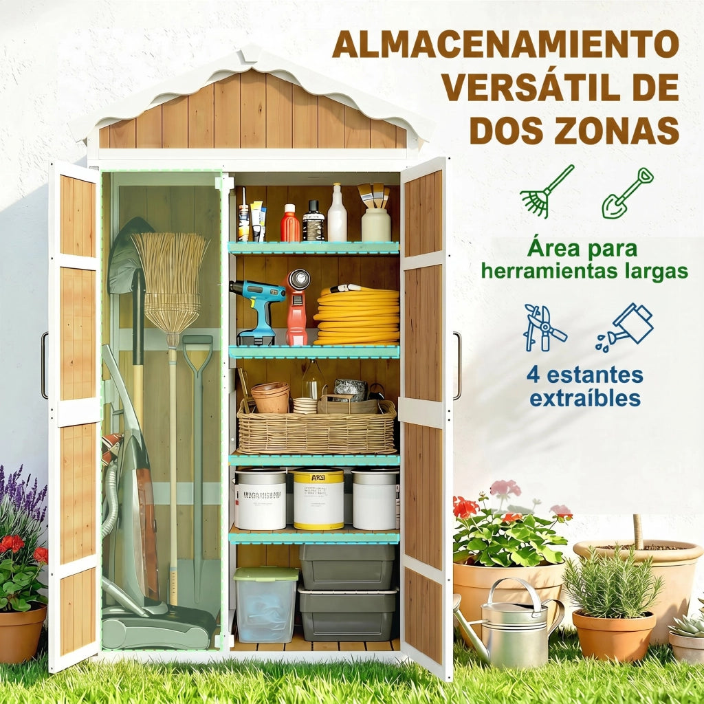 Armadio da Giardino in Legno ¨C zephmum ¨C 105x55x179 cm con 4 Ripiani e Tetto in Metallo Galvanizzato