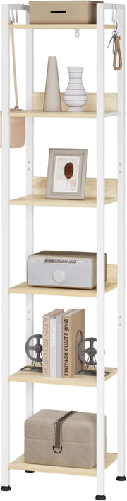 Libreria a 6 Ripiani, Scaffale con 4 Ganci Industriale, Scaffale a Scala in MDF e Metallo per Soggiorno, Cucina, Studio, Ufficio,Bianco,40x30x187cm RGB931hov
