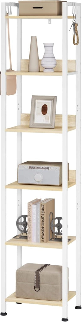 Libreria a 6 Ripiani, Scaffale con 4 Ganci Industriale, Scaffale a Scala in MDF e Metallo per Soggiorno, Cucina, Studio, Ufficio,Bianco,40x30x187cm RGB931hov