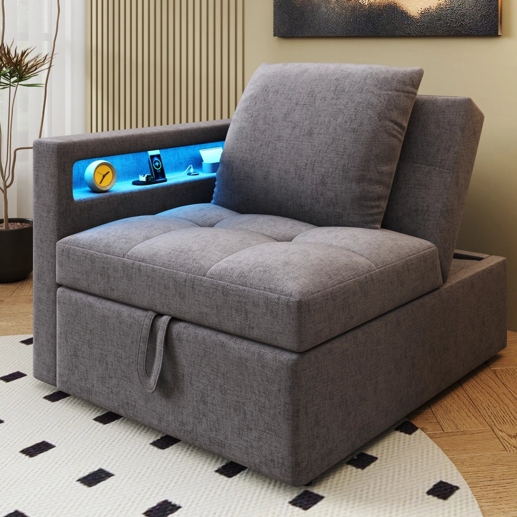 Letto Imbottito Divano Letto 3 in 1 con LED e USB ¨C MINIMAL ¨C Tessuto Lino