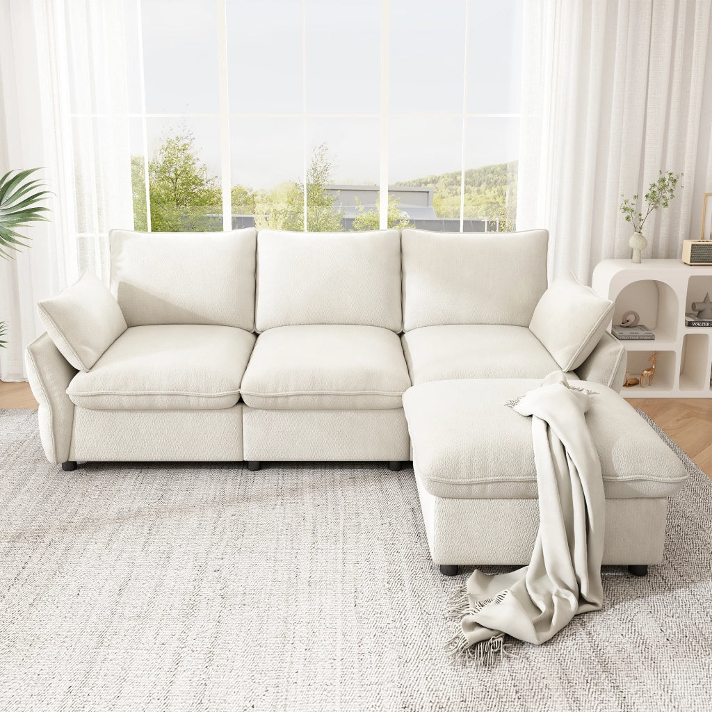 Divano angolare 3 posti - con pouf e 2 cuscini - per soggiorno e casa - in chenille beige