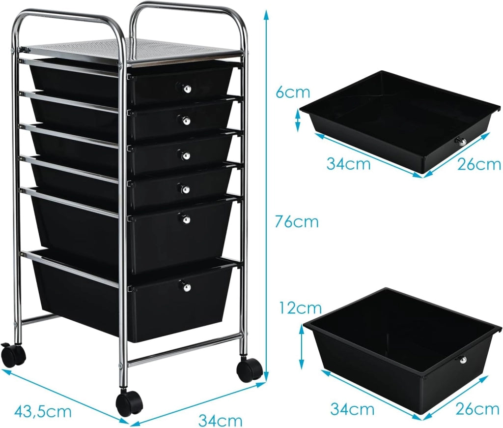 Carrello con 6 Cassetti e Ruote, Cassettiera in Plastica, con Due Dimensioni di Cassetti, Contenitore Multiuso per Casa Bagno e Ufficio, 37 x 74 x 32cm (Nero)