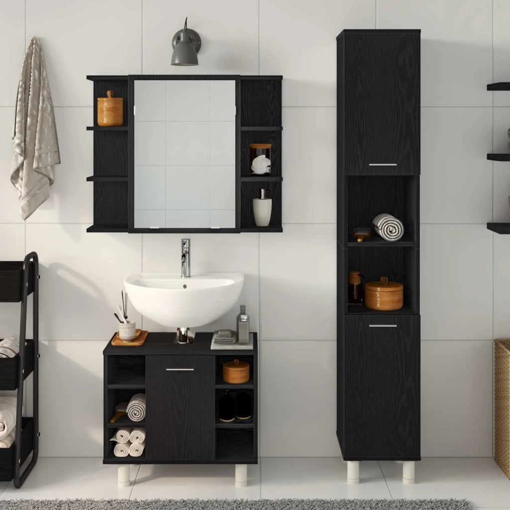 Set di mobili per il Bagno | Armadio da bagno 3 pz Nero 30 x 30 x 179,5 cm