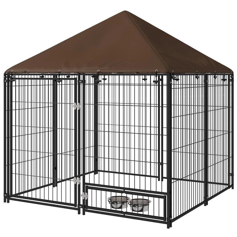 RECINTO PER CANI IN METALLO E TESSUTO OXFORD CON PORTICINA PER CIOTOLE, 141X141X151 CM, NERO E MARRONE