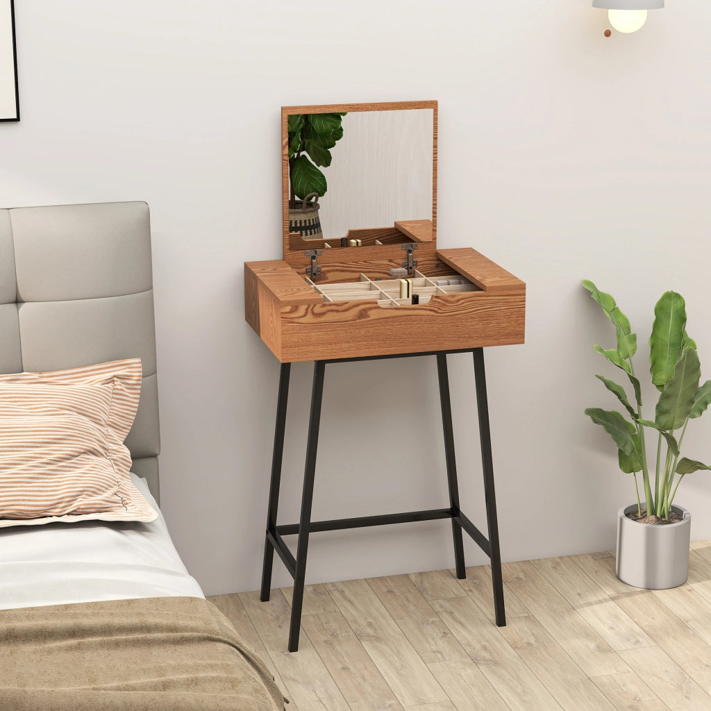 Tavolo Trucco con Specchio Ribaltabile e 16 Scomparti Stile Industriale, Legno e Acciaio, 60x40x90 cm