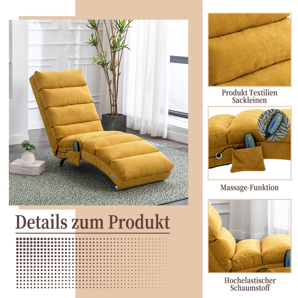 OKWISH Dormeuse Relax, Schienale Ergonomico 140° con Vibrazione e Tasca Laterale, Lino Giallo Senape, 55 × 148 × 84 cm