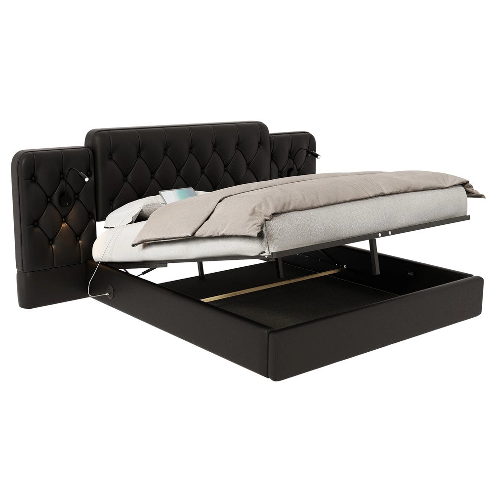 Letto Contenitore Imbottito in Velluto con LED e Sistema Idraulico ¨C MINIMAL ¨C Nero 160x200