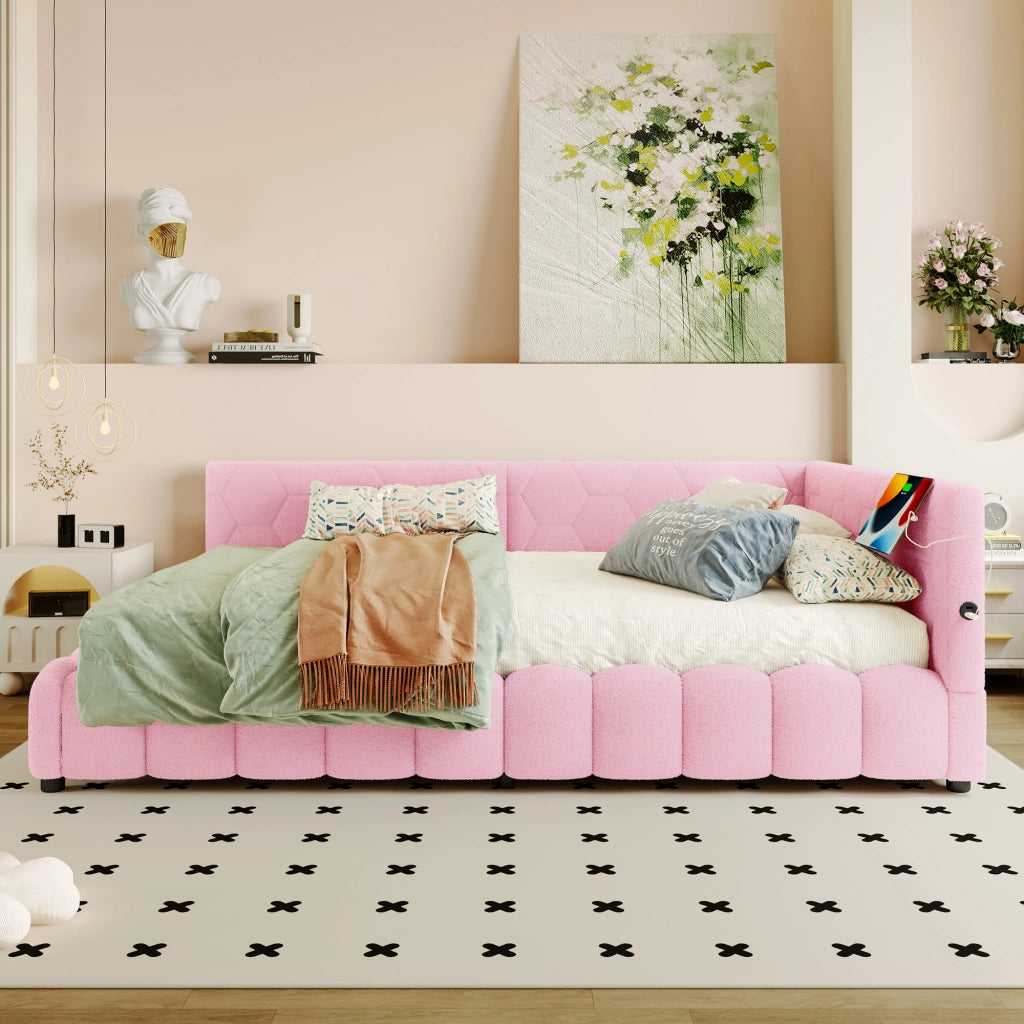 LETTO Daybed 140x200 cm Rosa con LED, USB, Tipo-C e vano contenitore