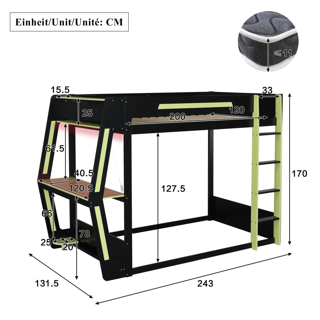 Letto a soppalco 120x200 cm in pino e MDF; nero e verde; con scrivania e LED per cameretta