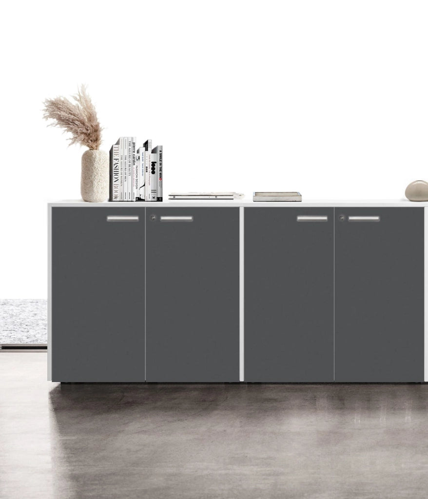 Contenitore basso per archiviazione con ante battenti in melaminico e struttura grigia cm. 180x43x87h