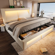 Letto matrimoniale 140x200 cm con contenitore; LED; USB e Type-C; testiera curva in velluto beige