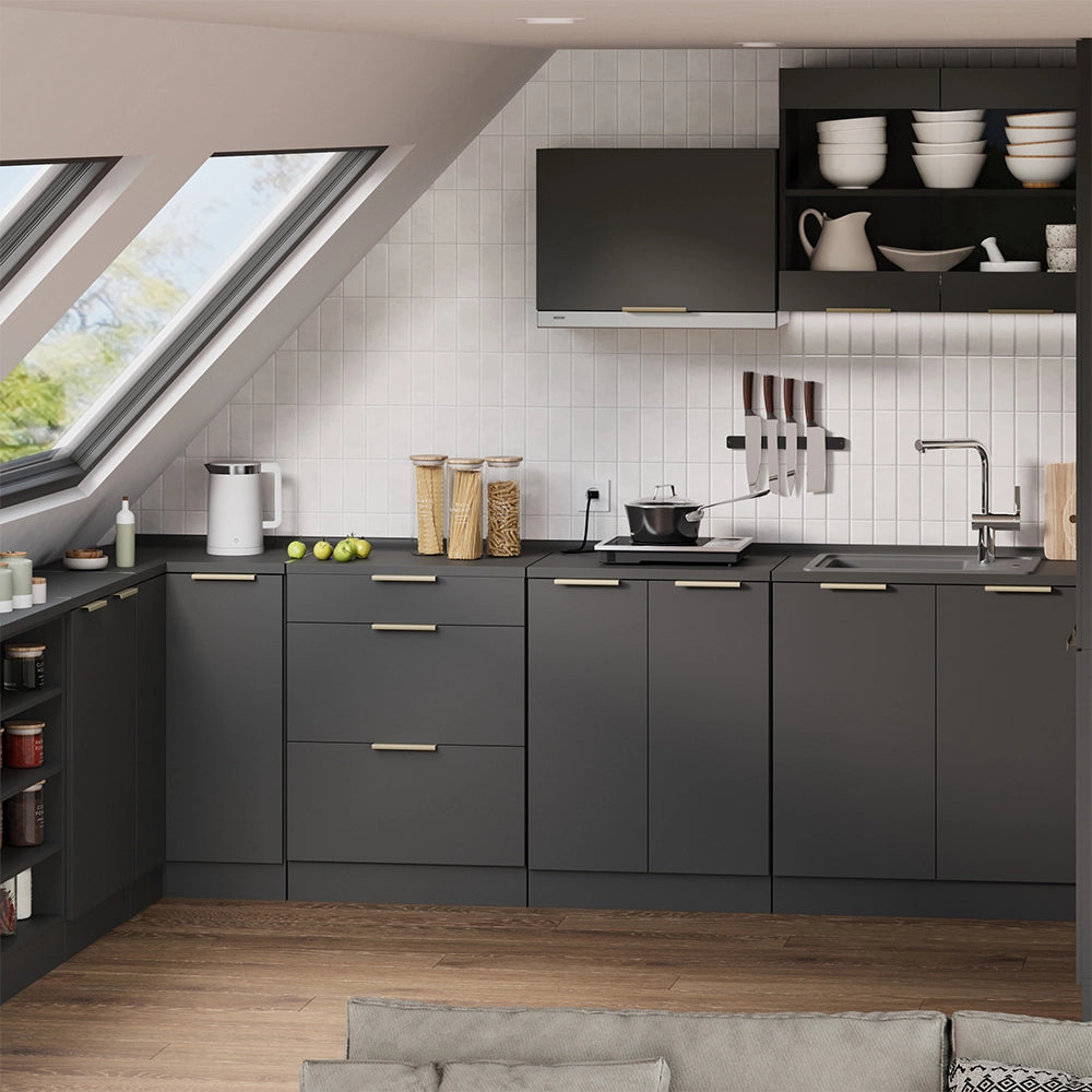 Mobile cucina sottotetto R-Line Antracite-oro/Antracite 80 cm senza inclinazione con 2 ante Vicco