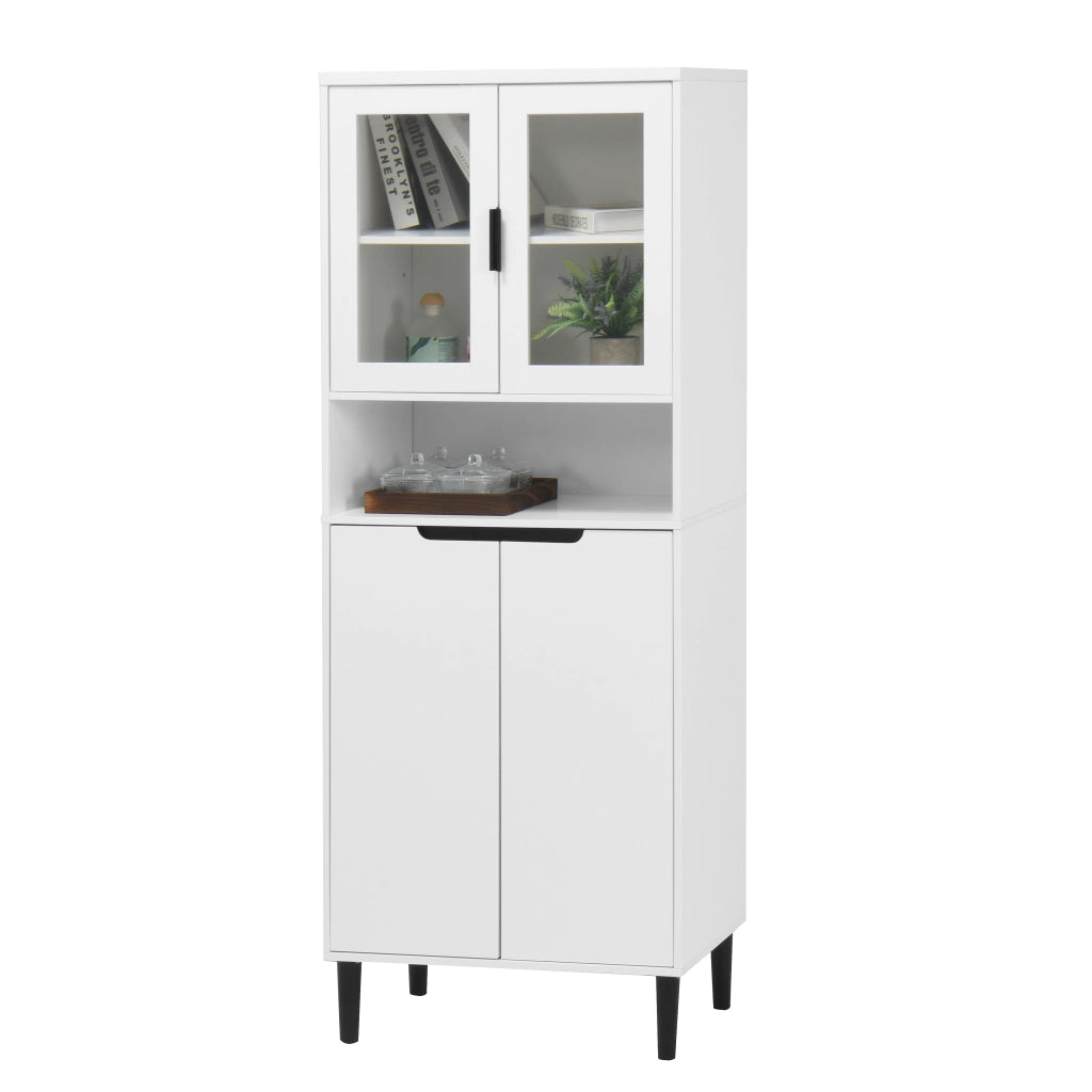 Libreria Alta con 4 Ante e Ripiani Regolabili; Ante in Vetro Temperato; Stile Moderno; in MDF Laccato; Bianco