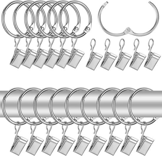50 Gordijnringen con Clip per Tende in Acciaio Inox Argento per Cucina, Bagno, Salotto, Camera e Balcone.