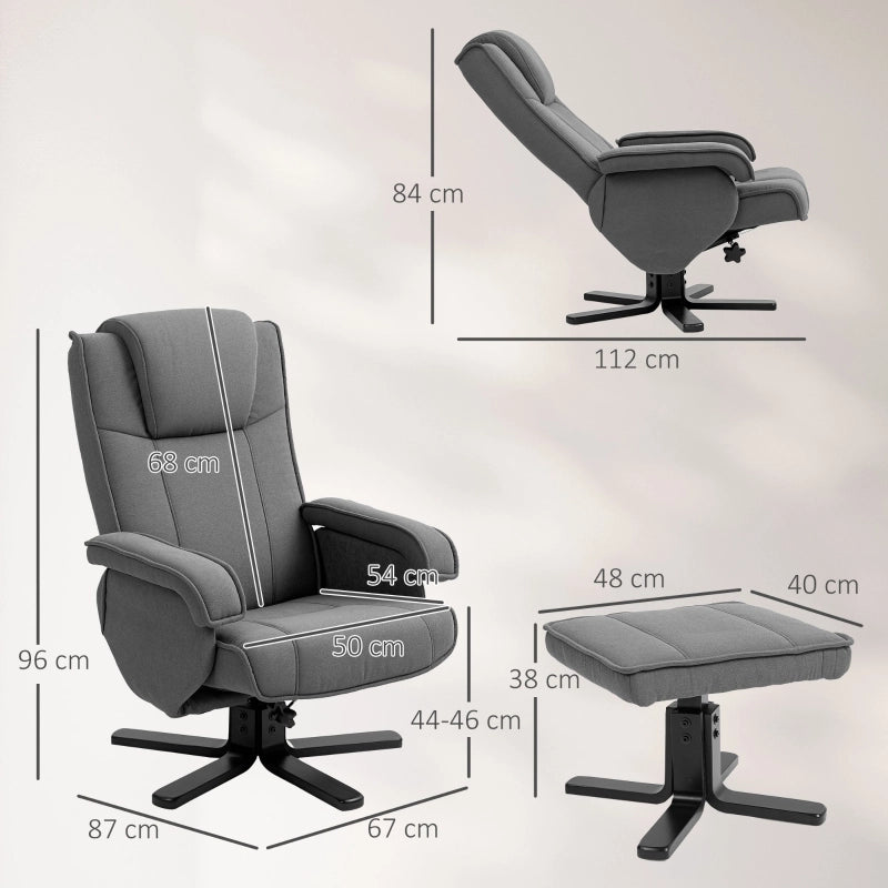 Poltrona relax reclinabile girevole 360° con pouf, funzione dondolo, tessuto effetto velluto, grigio scuro