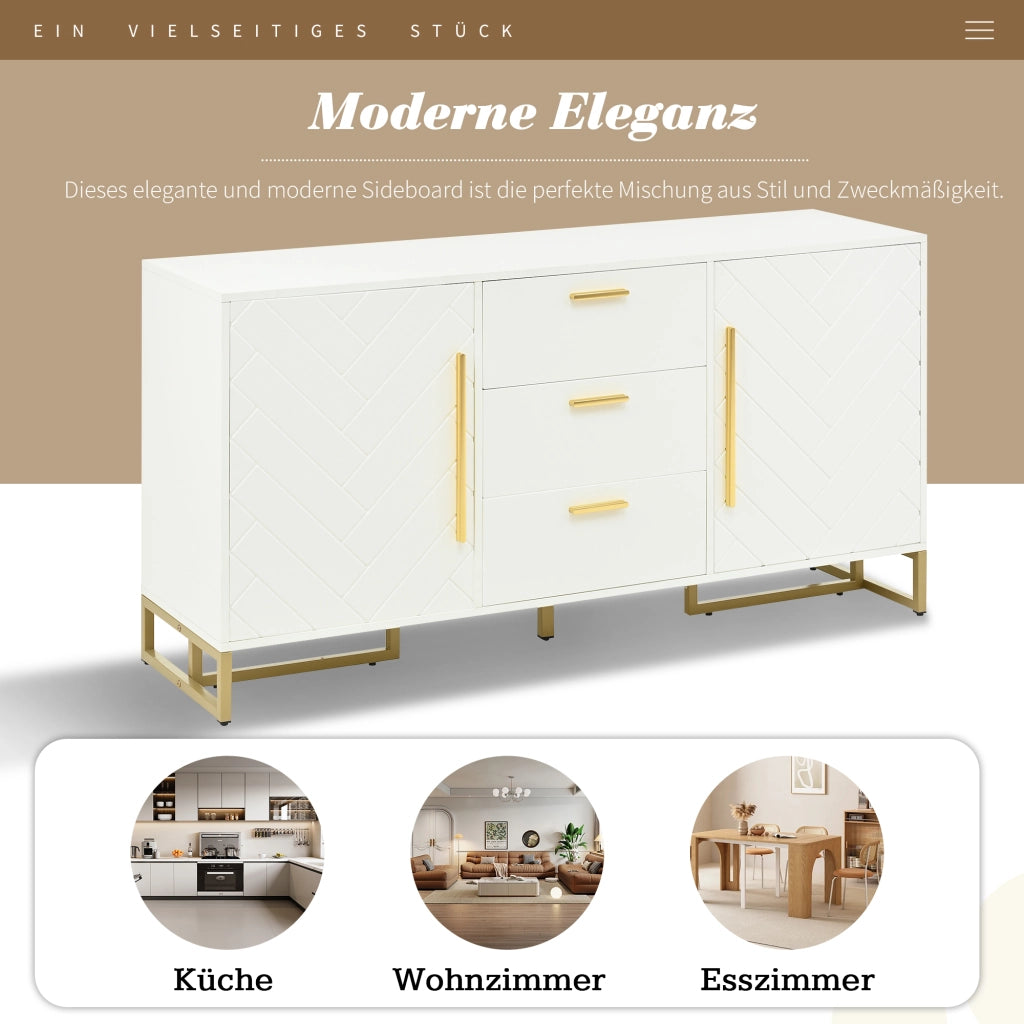 Credenza con Motivo a Spina di Pesce ¨C MINIMAL ¨C Bianco, 2 Ante, 3 Cassetti
