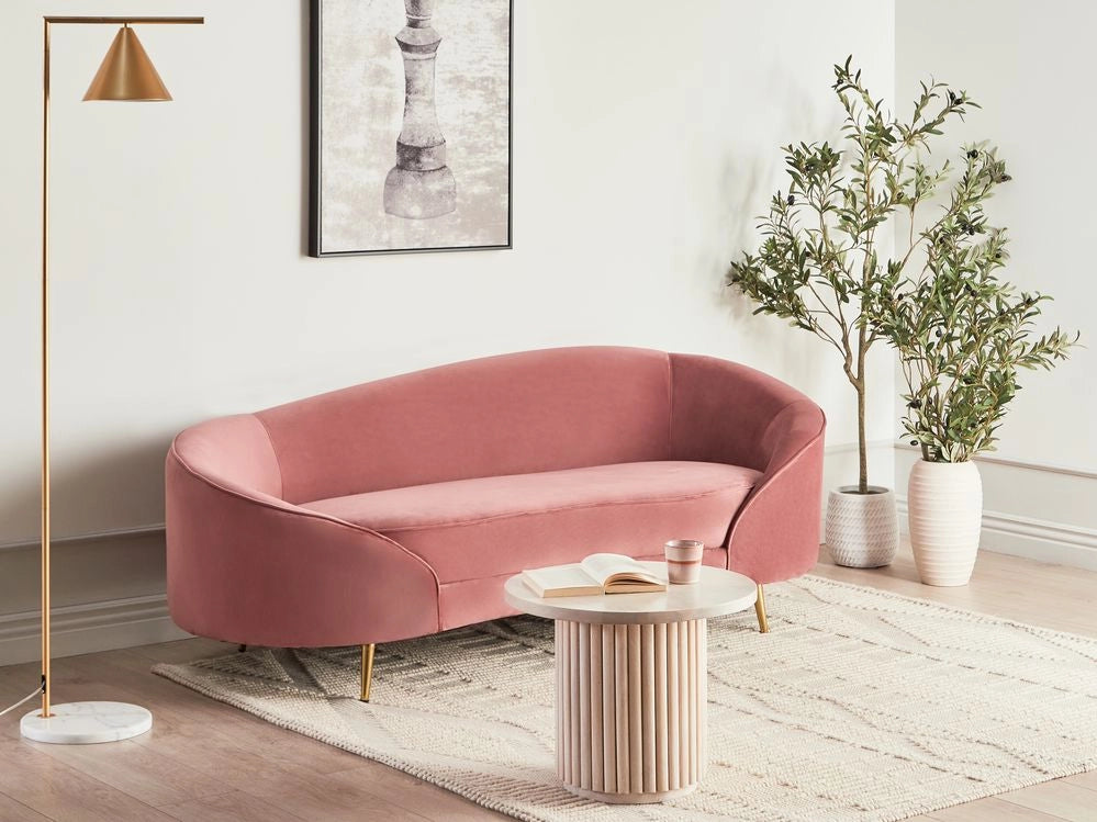 Divano velluto rosa glamour curvo stile retrò a 2 posti gambe metallo dorato