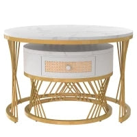 Tavolino Rotondo Marmo 2 in 1 con Gambe in Metallo, Cassetti in Rattan Sintetico e Maniglie in Legno Massello, Bianco