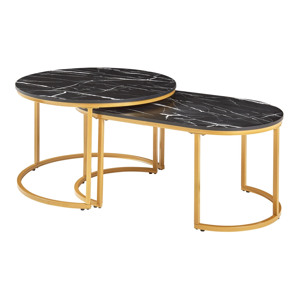 Set Oppeerg di 2 Tavolini Sovrapponibili da Salotto Rotondo e Ellittico - Effetto Marmo Nero/Dorato [en.casa]