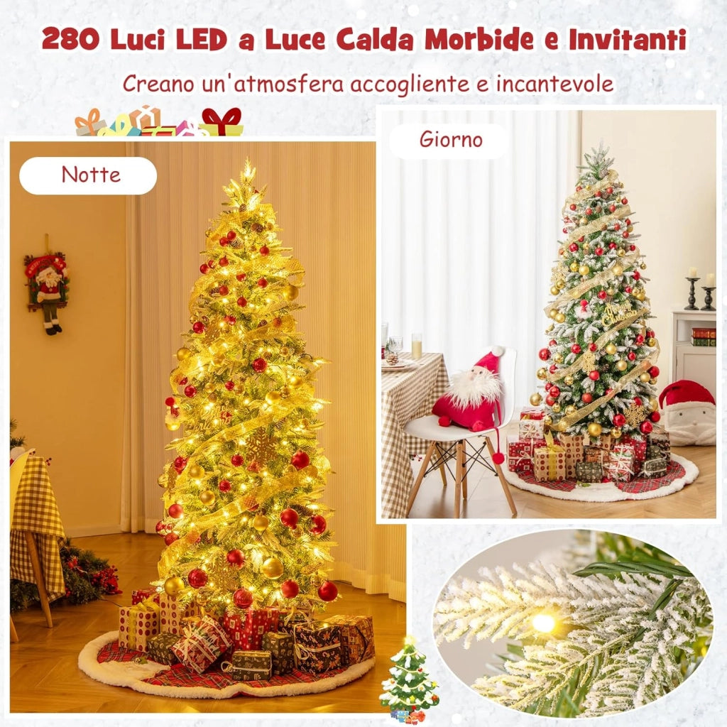 Albero di Natale Slim Pre-Luminoso 190/225 CM, Albero di Natale Artificiale Innevato con 280/350 Luci LED Bianche Calde, Rami Articolati e 671/913 Punte e 60/75 Pigne (190 CM)