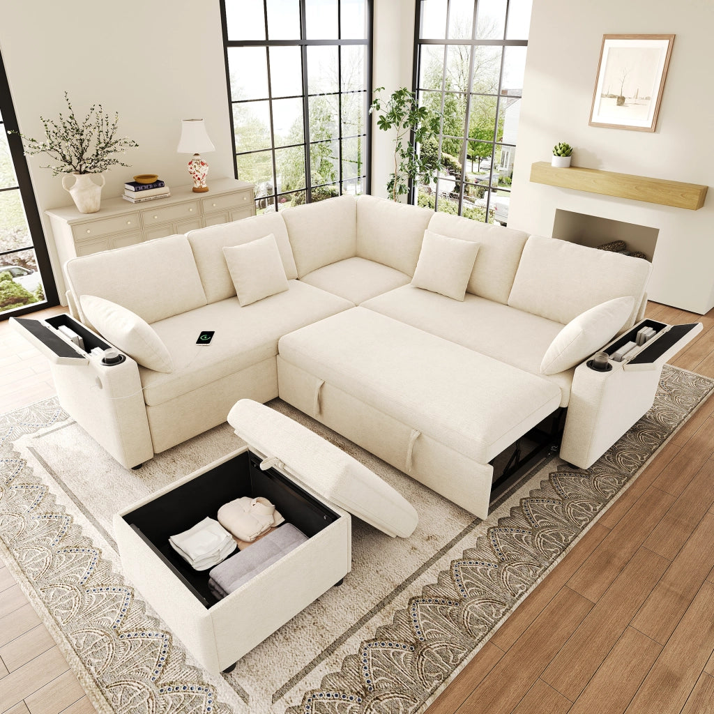 DIVANO ANGOLARE MODULARE LETTO 204x204x83 cm Chenille Beige con Hocker