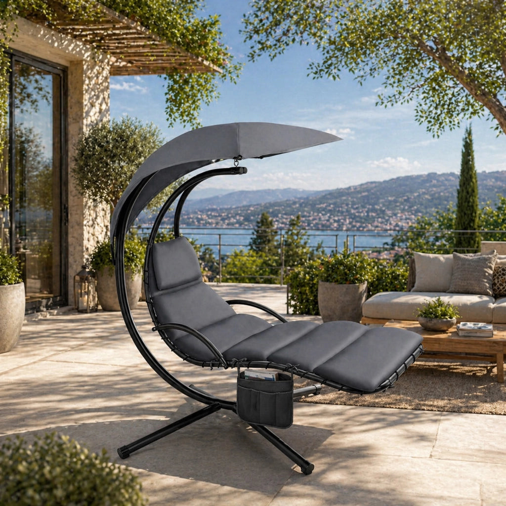 Sdraio Pensile Con Tettuccio Parasole Integrato E Cuscino Ergonomico Amaca Da Giardino In Acciaio E Poliestere 195 x 132 x 197 Cm Grigio