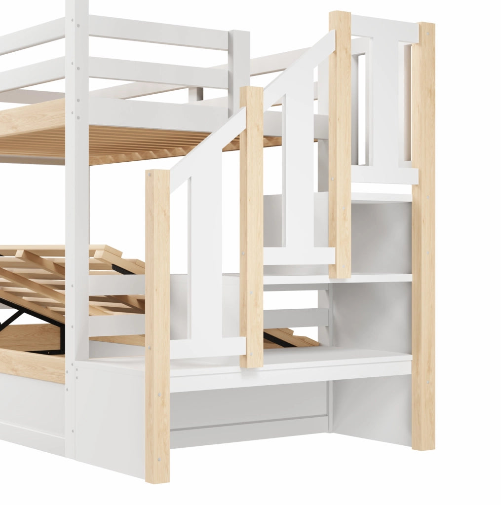 Letto a castello 90x200 cm con letto superiore a casetta; protezione e contenitore idraulico; bianco e naturale