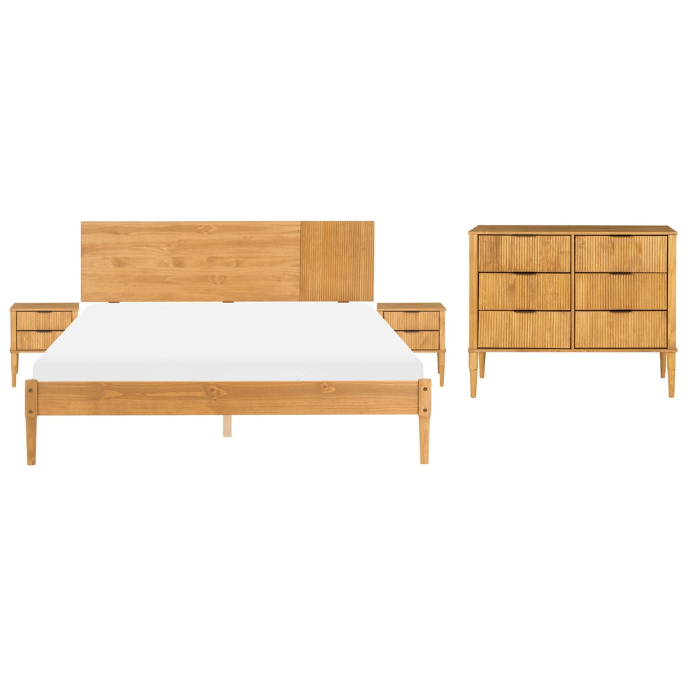 Set da camera da letto in legno di pino con letto matrimoniale 2 comodini e cassettiera a 6 cassetti 160 x 200 cm marrone chiaro stile scandinavo