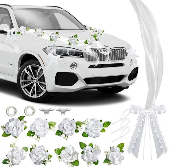 Decorazione per auto, matrimonio, coppia sposata, rose, bianco, decorazione, decorazione matrimonio, auto, capote, fiori, decorazione matrimonio, slitta per auto, matrimonio, decorazione per auto con auto matrimonio, striscia, nastri
