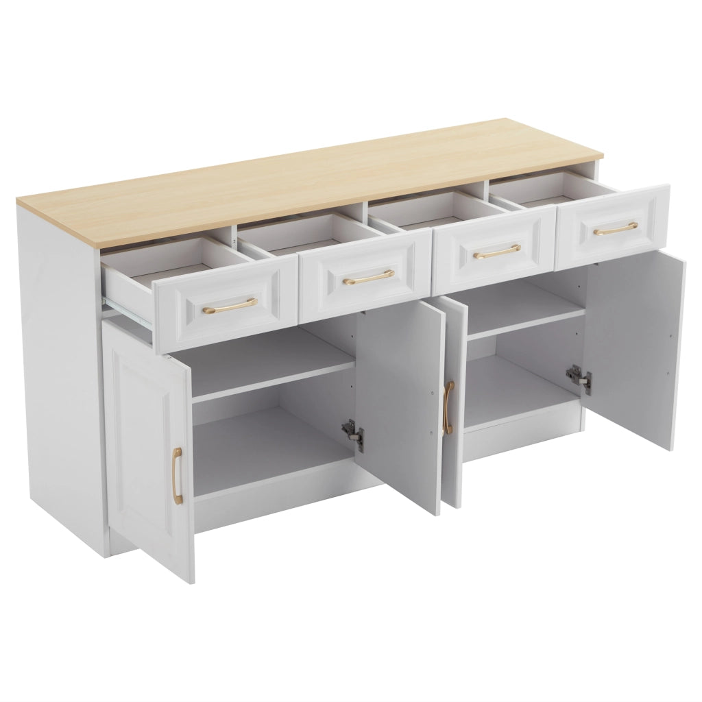 Credenza con 4 ante; 4 cassetti e ripiani regolabili - per cucina - in truciolare - 140×40×75 cm - bianco e rovere