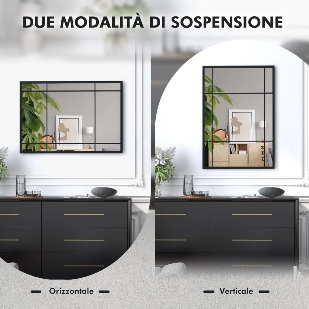 Specchio da Parete, Specchio Rettangolare Decorativo con Cornice in Metallo Antiruggine, Design Infrangibile, per Soggiorno, Caminetto, Orizzontale/Verticale, 100 x 70 cm