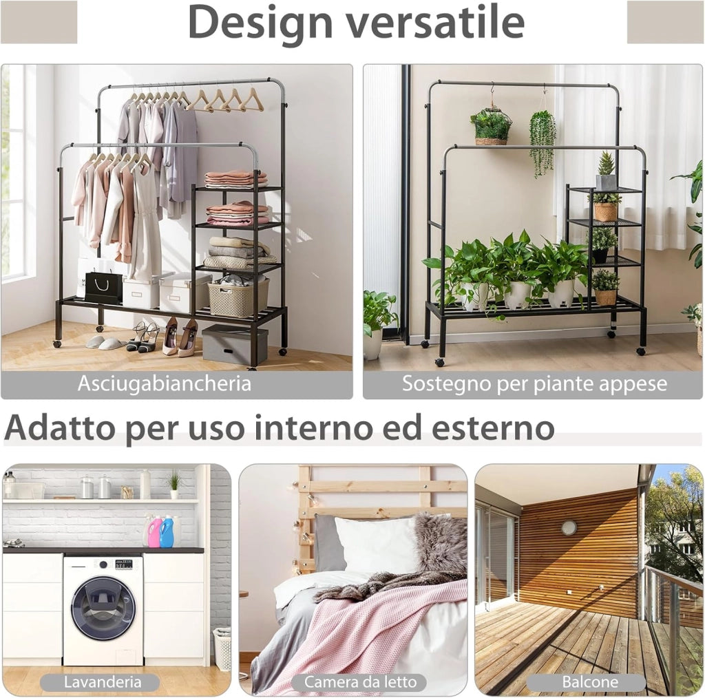 Stand Appendiabiti a Doppia Asta, con Barre Appendiabiti Regolabili in Altezza, Ripiani per Riporre e Ruote Bloccabili, Appendiabiti in Acciaio per Uso Interno ed Esterno(Nero+Argento)