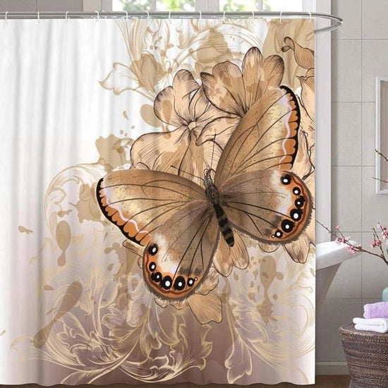 Douchegordijn con fiori di tela flora con farfalle - 180 x 200 cm con 12 anelli C resistente a muffa