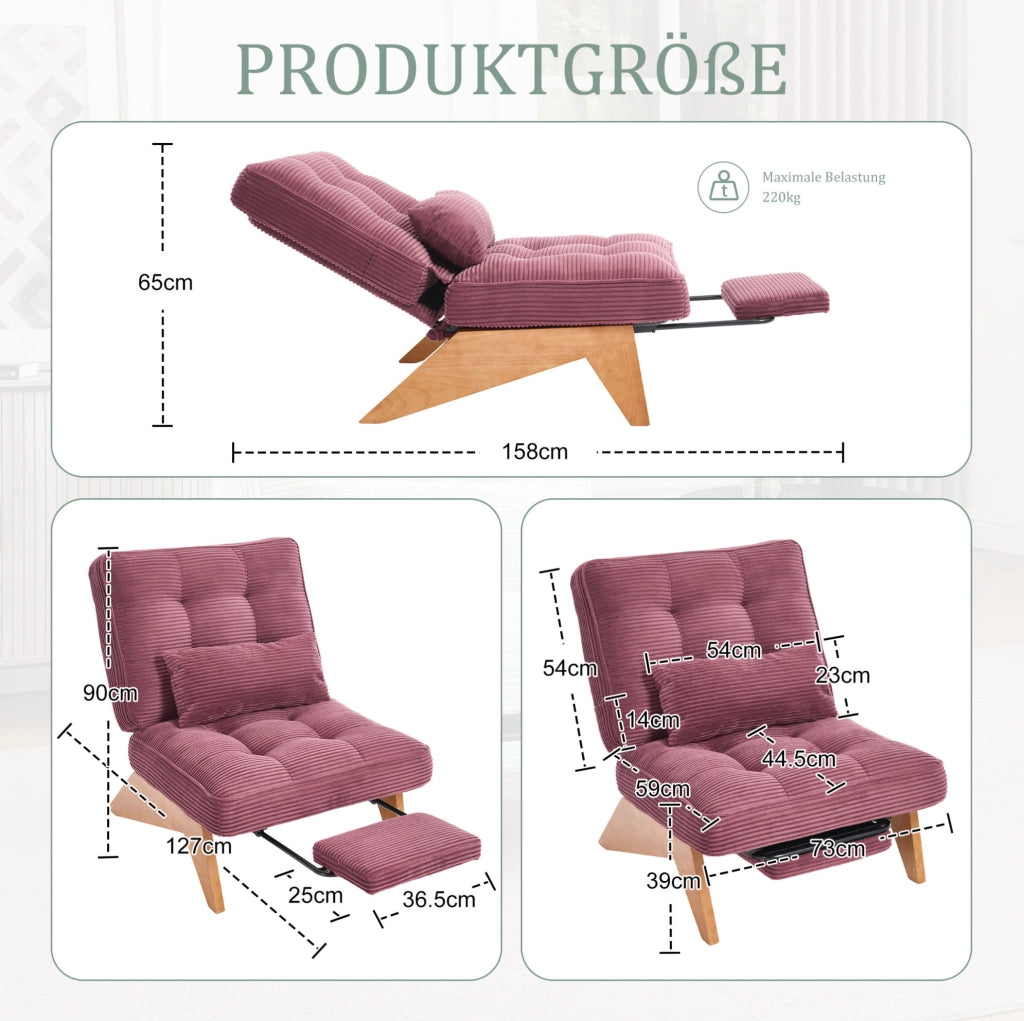 Poltrona lounge reclinabile in velluto a coste; con cuscino lombare; gambe in legno; bordeaux