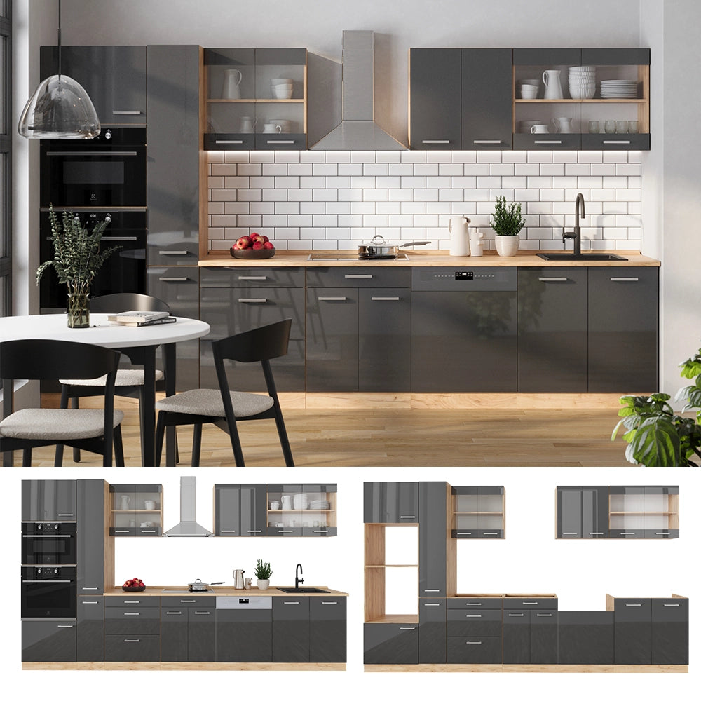 Vicco Cucina componibile Antracite lucido/oro power oak 350 cm con armadio alto, senza piano di lavoro