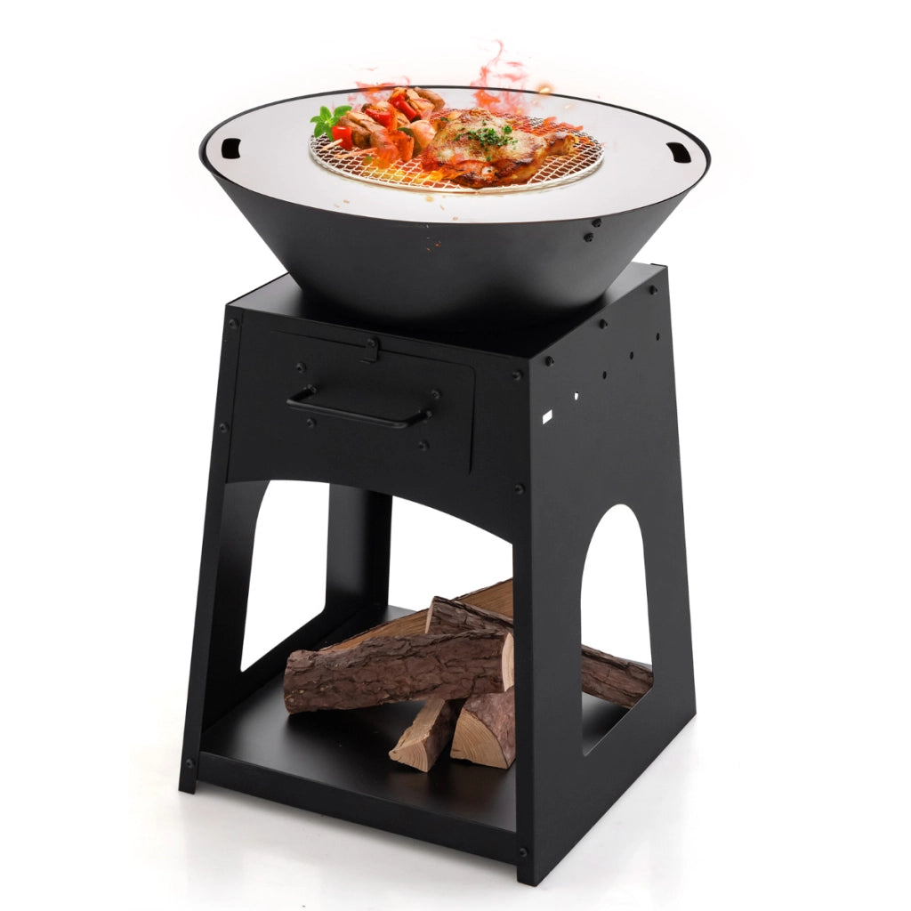 Focolare da esterno con contenitore grill cassetto di cenere e scomparto inferiore, Caminetto a legna da giardino Nero-Bracieri da esterno